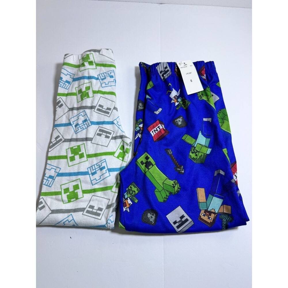 Minecraft Boys Pajama Pants Set Size 6 Blue Fleece White Ribbed 2-Piece NWT PJs